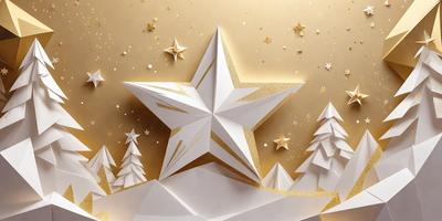The primary subject of the image is a three-dimensional paper star, which is the main object and focus of the scene. The setting is a snowy background, which adds to the overall atmosphere of the image. The visual style is a combination of digital art and illustration, creating a unique and eye-catching design. The colors and mood of the image are predominantly white and gold, giving it a warm and festive appearance.